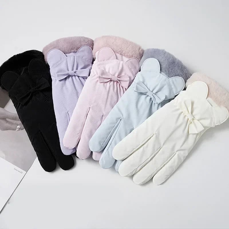 Guanti invernali caldi da donna, in velluto, ispessiti, impermeabili, antivento, con fiocco carino, per studentesse, ciclismo all'aperto, touchscreen, sci