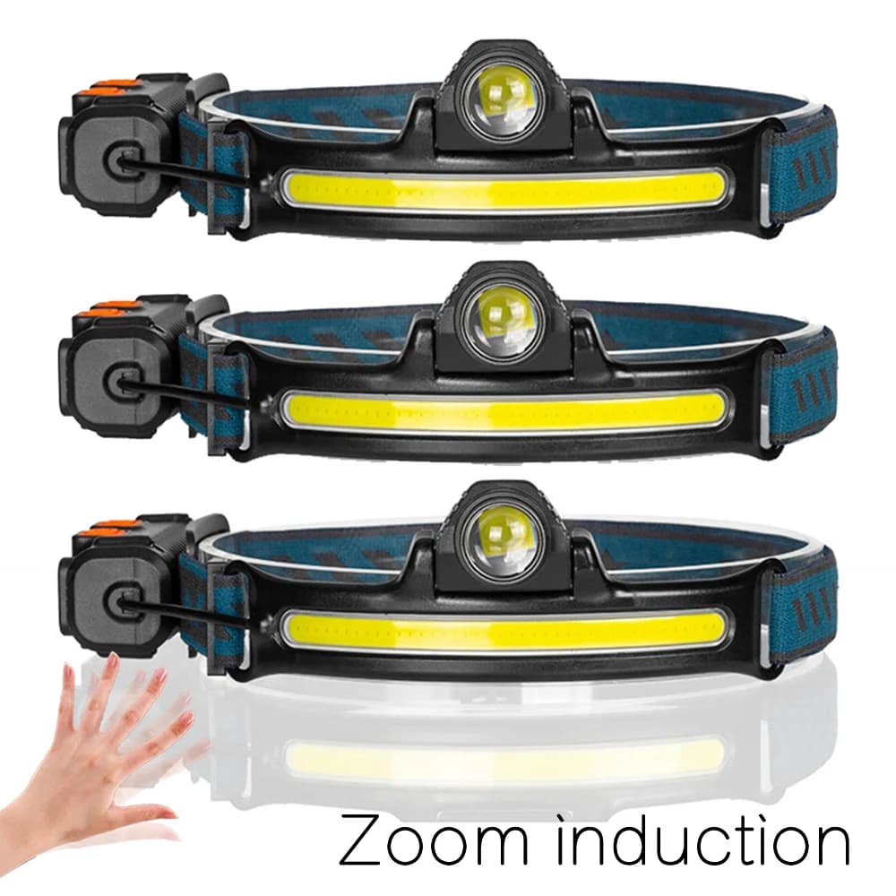 Lampada frontale a LED con sensore d'onda Potente faro XPG+COB con batteria 18650 integrata