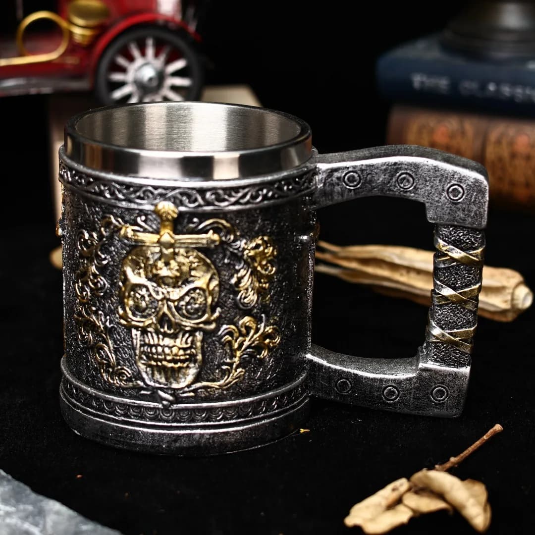 Nordico 3D Retro Teschio Boccale di birra Tankard Stein Cup Viking Interno in acciaio inossidabile Tazza di whisky Tazza di acqua Tazza di bevande Decorazione bar