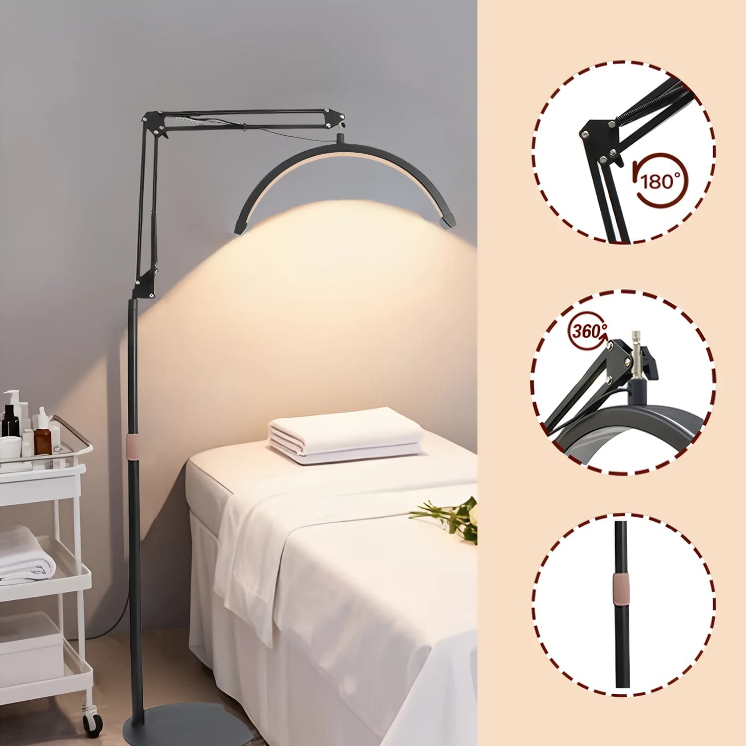 Lampada LED a Mezzaluna da 16 Pollici, Temperatura 3000K-6000K, Lampada ad Anello LED da Pavimento per Trattamenti di Bellezza, Cura della Pelle, Tatuaggi, Sopracciglia, Riprese Video