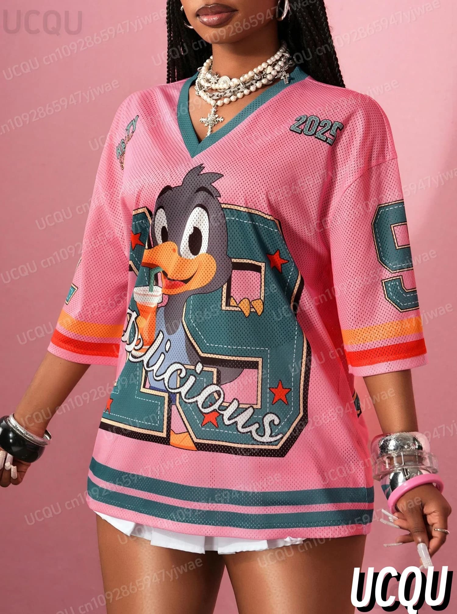 2025 Bird Number 19Stampa T Shirt per le donne Tessuto a rete a righe con scollo a V Tee Estate Harajuku Trend Manica corta Streetwear Top