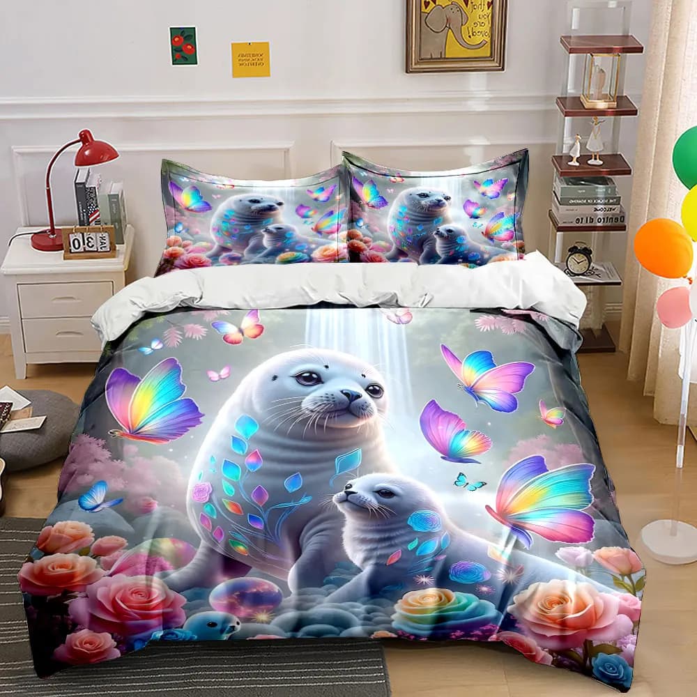 Fantasy seals with butterflies Print Bedding Set 1 Duvet Cover 2 Pillowcases for Adult and Children Luxury Gift Full Size