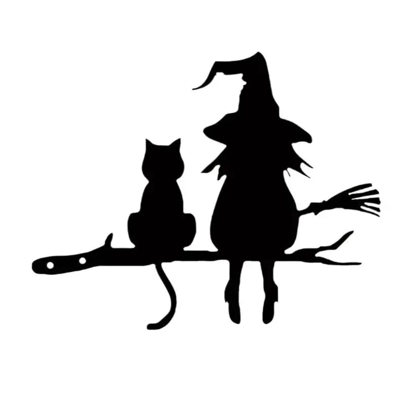 A02M-Iron Silhouette Cute Witch And Cat Garden Stake On The Branch Yard Art Decor, Tree Stump Plug-In, For Garden Courtyard