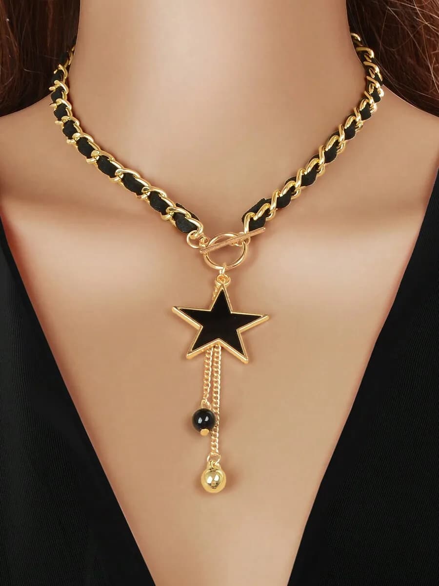 Star and ball pendant tassel necklace with braided chain for women ideal for parties or everyday wear
