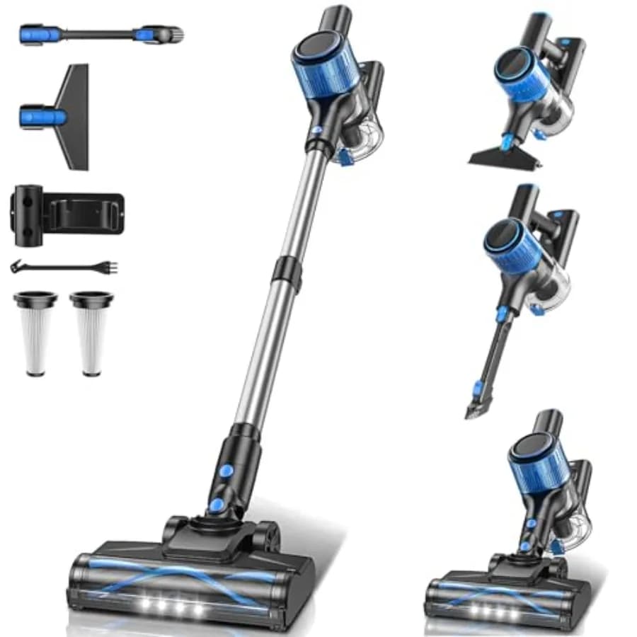 Aspirapolvere Senza Fili 8 in 1 con Potente Aspirazione, Leggero, per Casa, Display LED, 3 Modalità di Aspirazione, 45 Minuti di Autonomia, Detachab