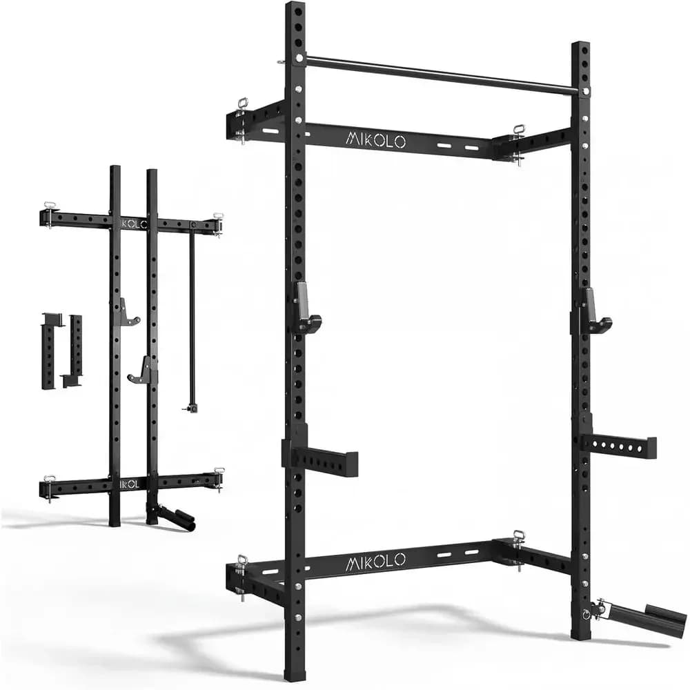 2 x 2 Wall-Mounted Squat Rack, 1000lb Capacity Power Cage with Pull-Up Bar, J Hooks, and Accessories, Compact Home Gym