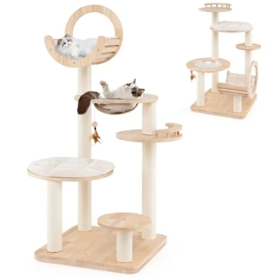 Albero per Gatti 4-in-1 in Legno Massello con Capsula Spaziale, Tiragraffi, Piattaforma Imbottita, Giocattolo Sospeso, Grande Torre per Gatti da Interno in Naturale