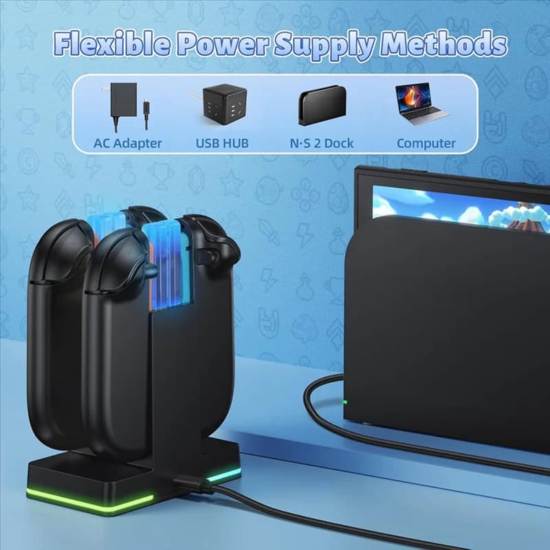 【ABUP】 Dock di ricarica per caricabatterie rapido magnetico per Nintendo Switch 2, stazione di ricarica con luce 9 RGB per accessori di gioco Joycon 2