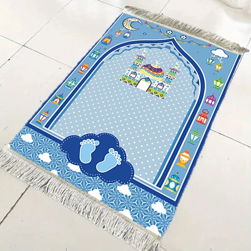 Tappetino da Preghiera VIKAMA con Motivo Moschea, Blu, Estetico, con Nappe, per Bambini, Decorazione Casa