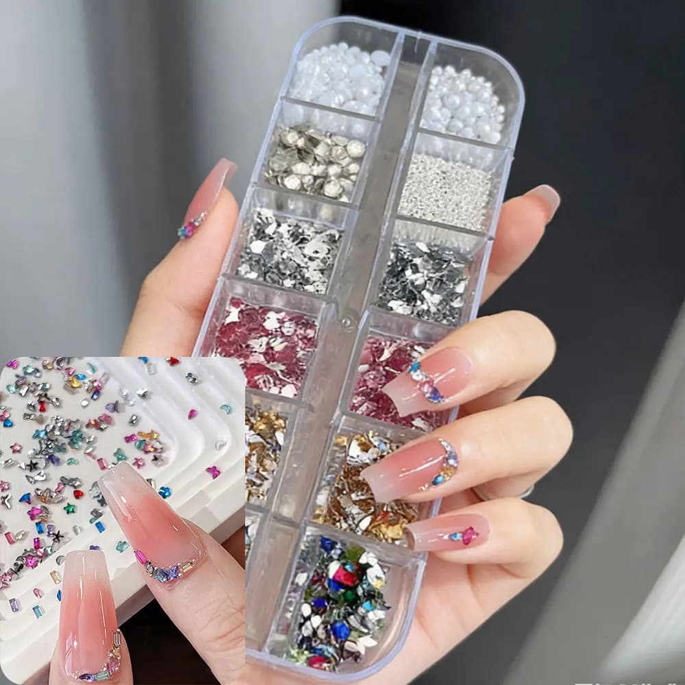 1 Box (12 Parts) of Mixed Color Nail Strass, Steel Pearls, Flat Crystals, Decorations for Fai-da- Manicure ♪