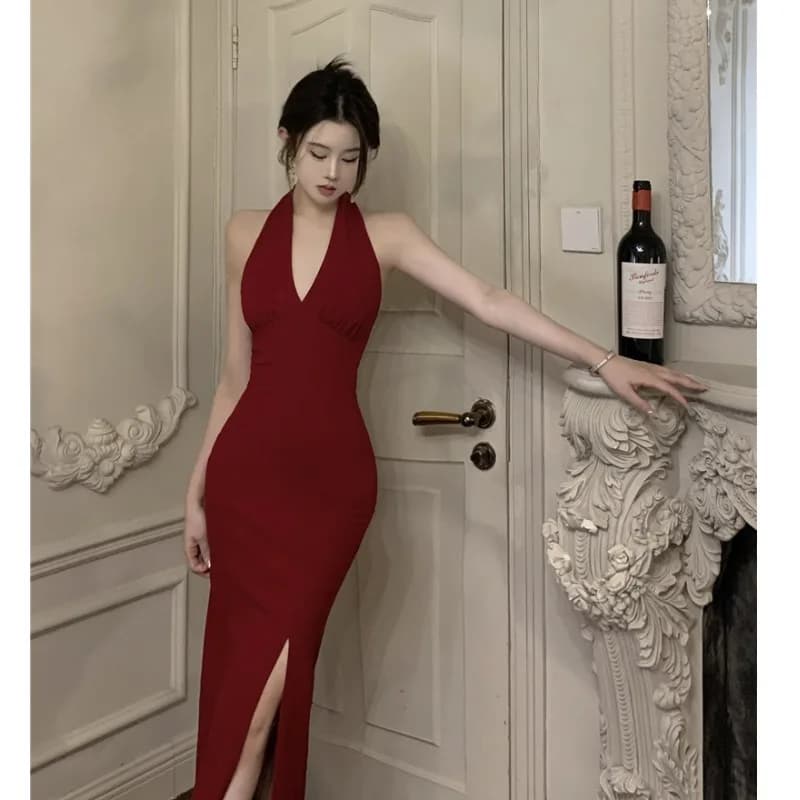 Elegant Backless Split Neckline Dress Sexy Long Skirt Korean Style High Waist V-Neck Mid-Length H-Shape Pure Color Summer Dress