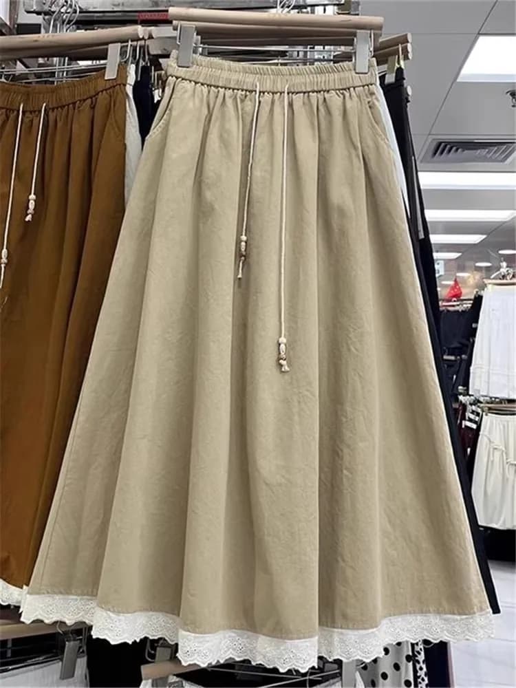 High Waist A-Line Midi Skirt Women's plus Size Summer Lace Trim Flared Hemline Slimming Effect Comfortable Polyester Fiber