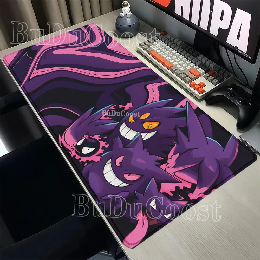 Tappetino per mouse per PC Genger Eevee Family Pokemon, tappetino per tastiera da gioco Anime Kawaii, stampa HD in gomma naturale, base antiscivolo, tappetino da scrivania con bordi overlock