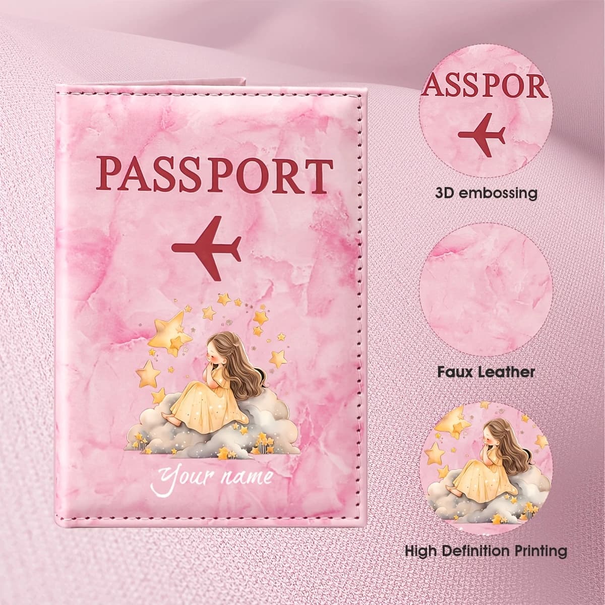 Custom Name Starry Sky Fairy Tale Passport Holder, Featuring a Girl Surrounded by Golden Stars and Clouds, Prominent Dreamy