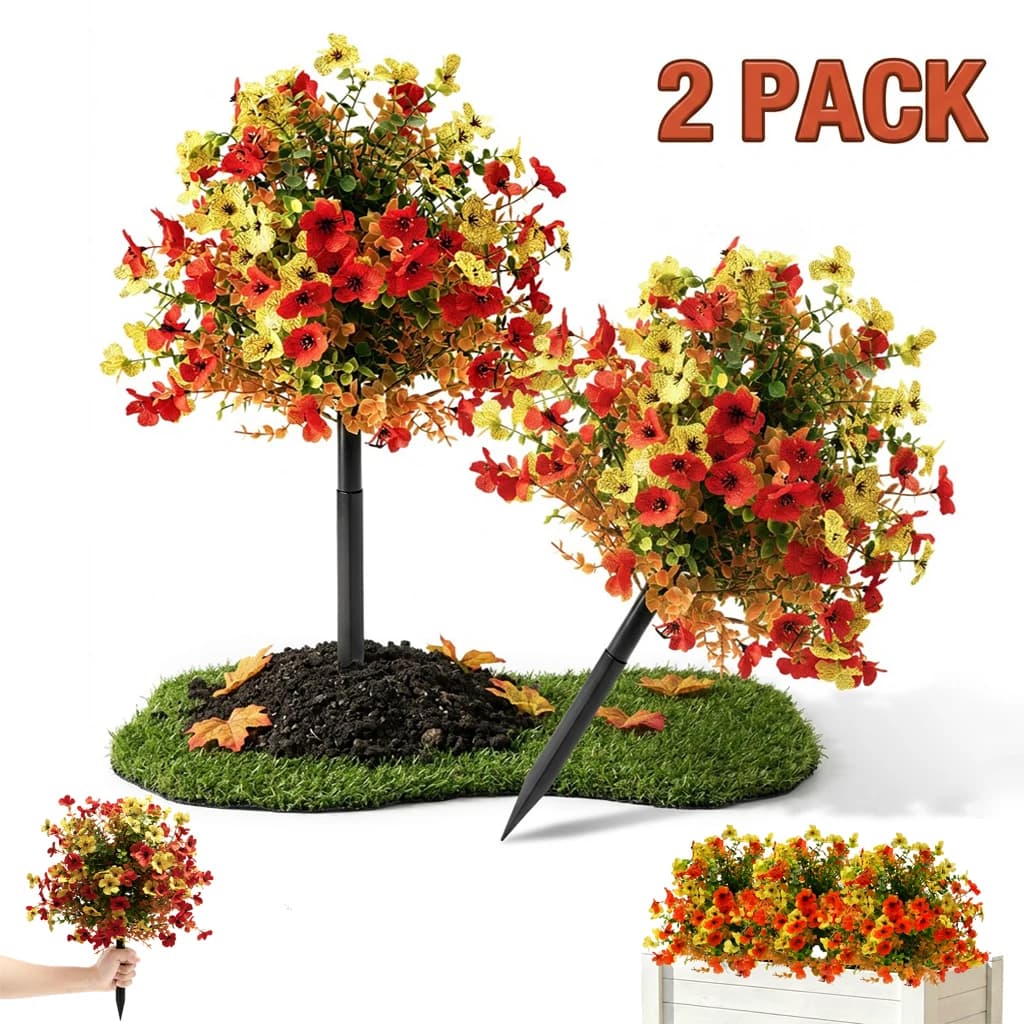 2 Pack Artificial Upright Flower Plants Fall Topiary Ball Ground Insert Outdoor Faux Fall Shrub for Garden Porch Planter Decor