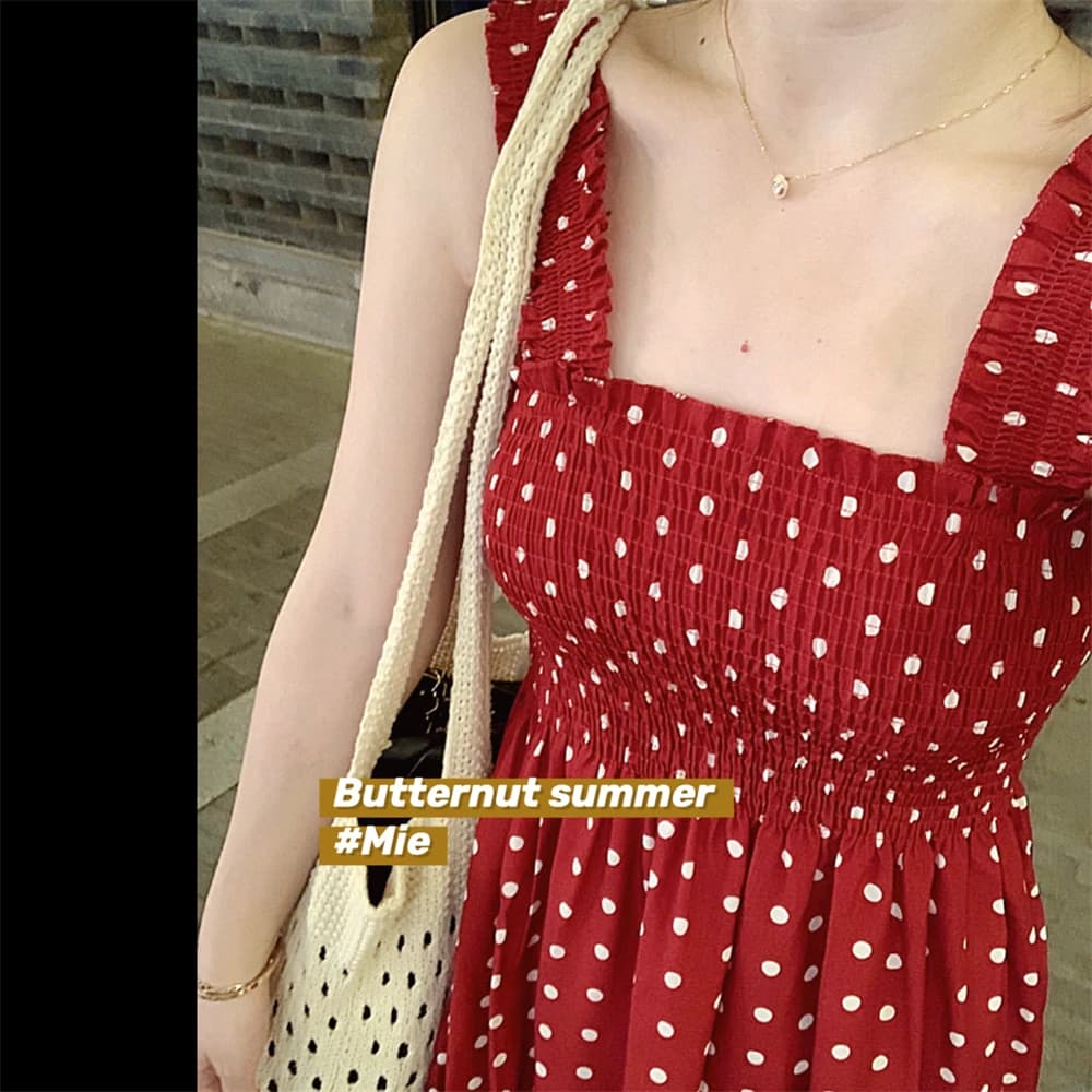 Abito Estivo Vivian con Design a Pois in Garza, Top Artistico Senza Spalline, Vestito Casual con Maniche a Tre Quarti e Colletto Quadrato per Donna