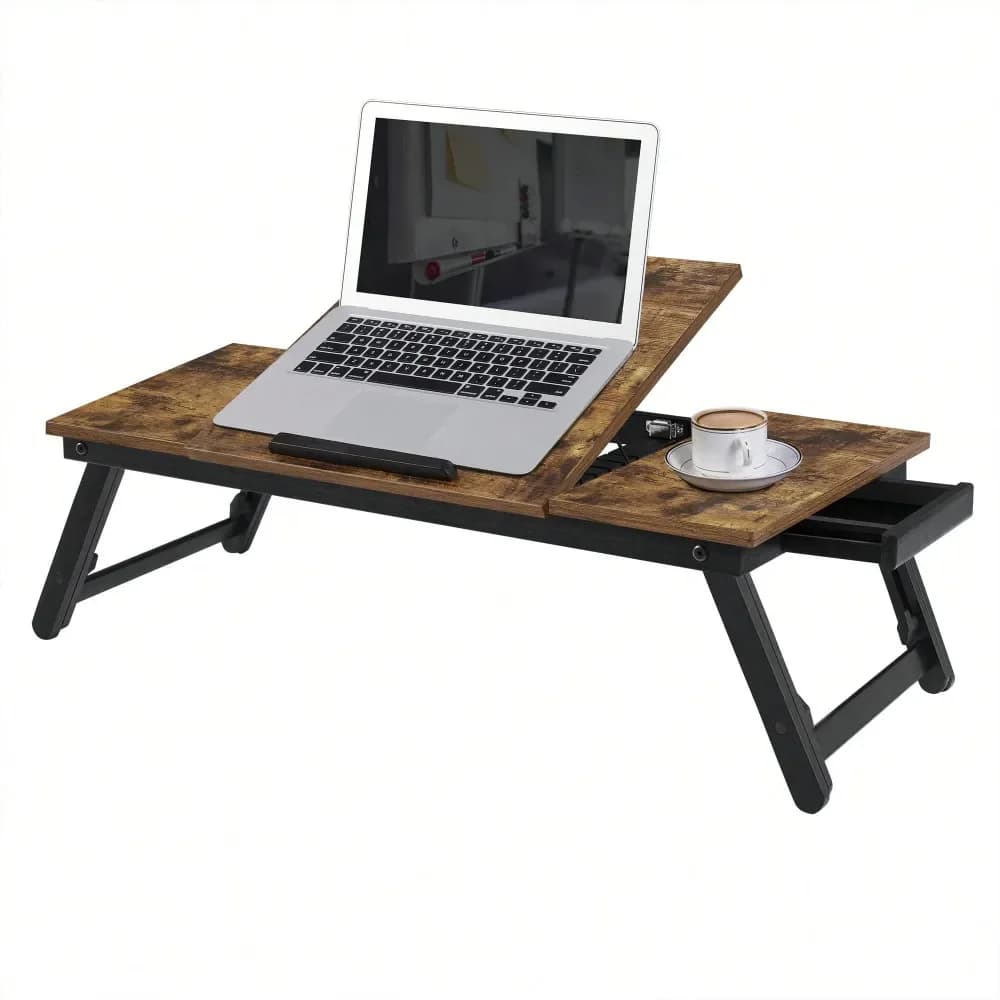 Scrivania regolabile in altezza Tavolo a L regolabile per laptop, da letto e divano, pieghevole con cassetto e piano inclinabile, marrone espresso