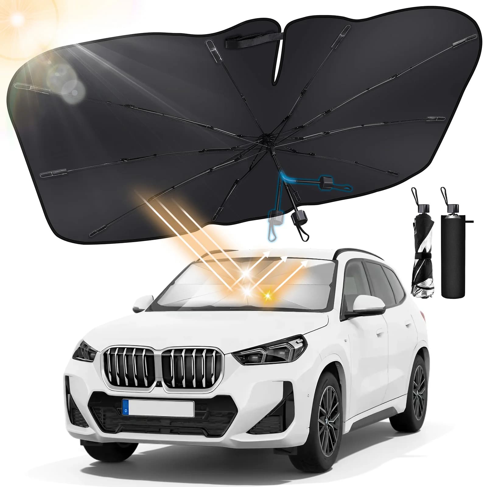 Ombrello parasole per parabrezza per auto professionale, parasole pieghevole 360 ° Maniglia girevole Cornice robusta con protezione solare e termica riflettente argento