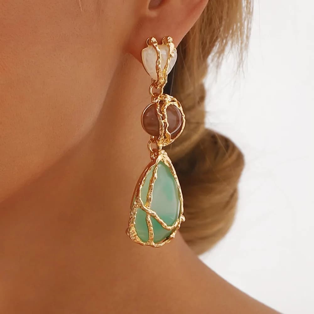 Fashion Natural Resin Water Drop Metallic Mesh Earrings Ladies Vintage Crystal Geometric Dangle Earrings Party Jewelry Bohemian Gifts