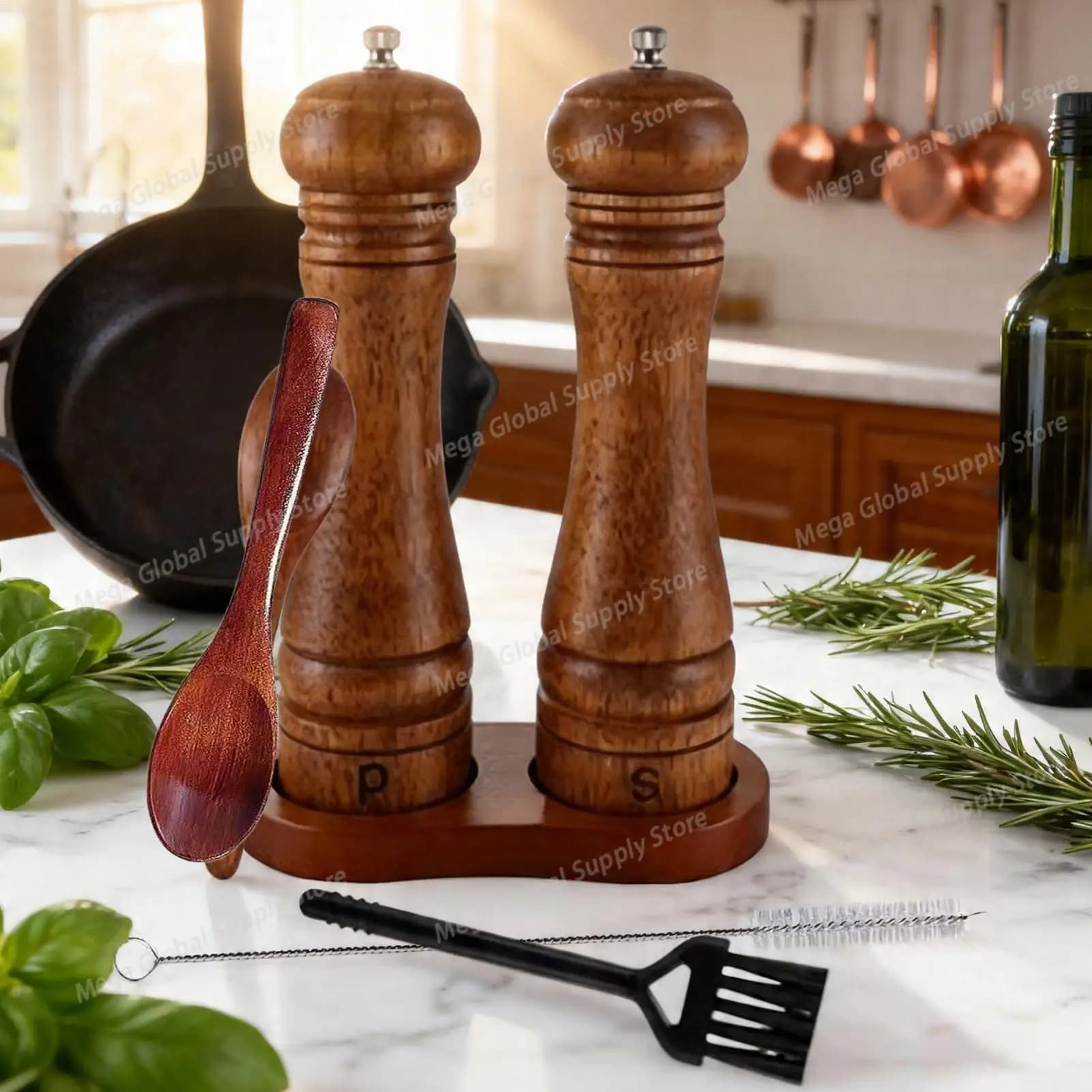 Wooden Salt And Pepper Grinder Set 8.66in Refillable with 1 Spoon 2 Cleaning Brushes Salt Pepper Grinder Set for Indoor Outdoor