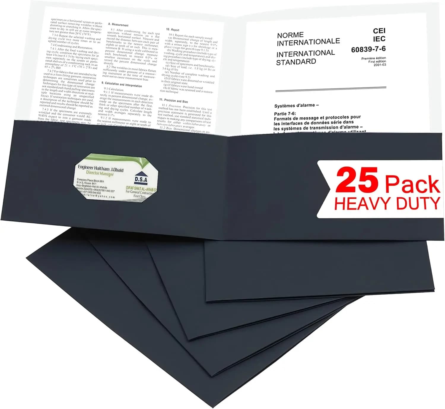 25 Pack Black 2 Pocket File Folders with Business Card Slot, Letter Size, Holds 100 Sheets for Office and School