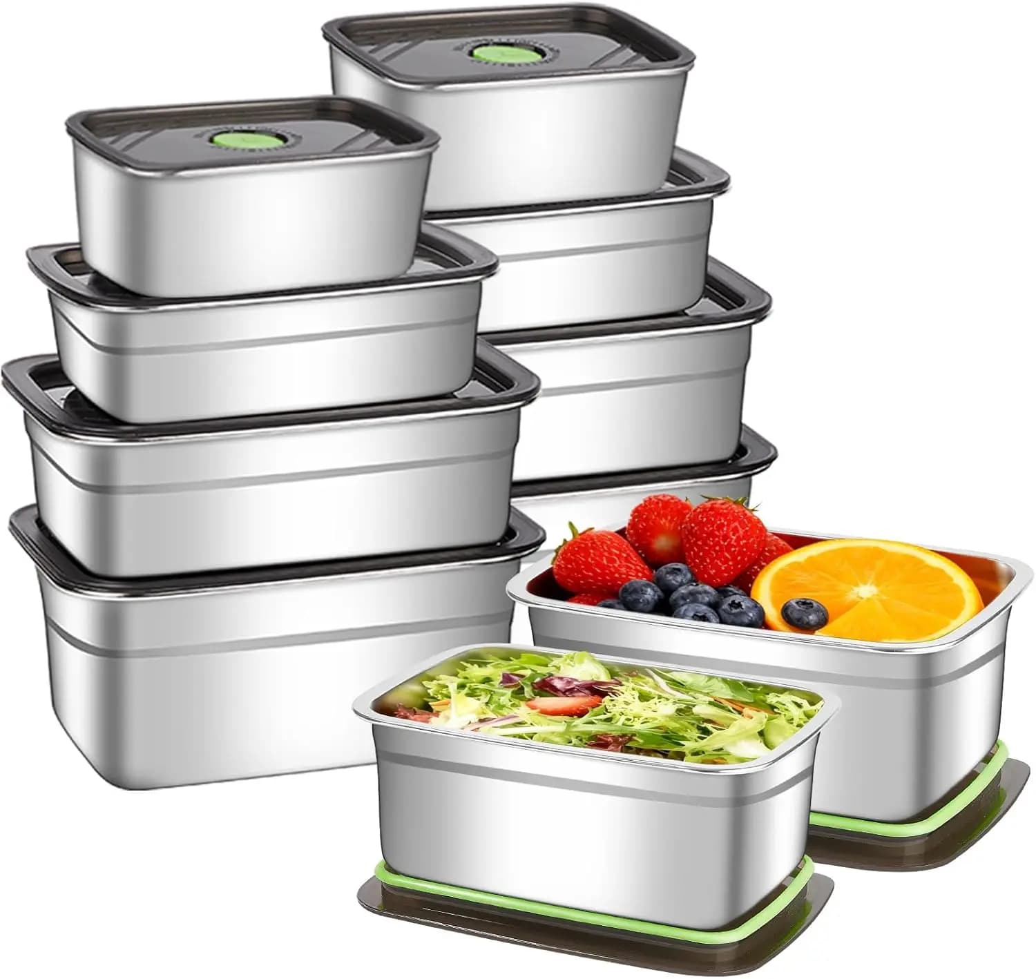 Set di 10 Contenitori per Alimenti in Acciaio Inox, Ermetici e Antispillamento, per Preparazione Pasti, Riutilizzabili e Impilabili