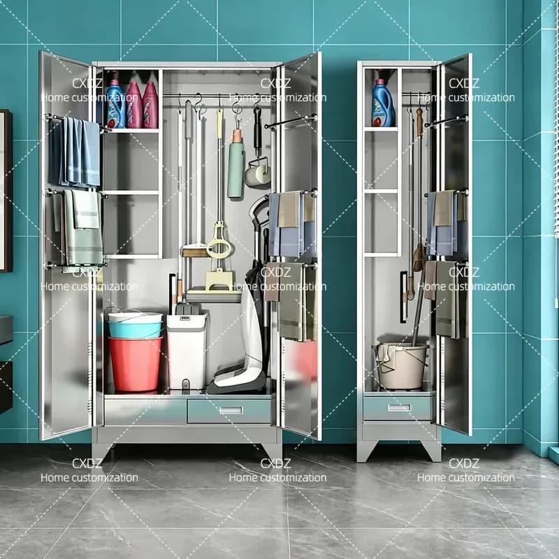 Thickened 304 Stainless Steel Cleaning Cabinet Household Balcony Mop Storage Rack School Factory Property Cleaning Tool
