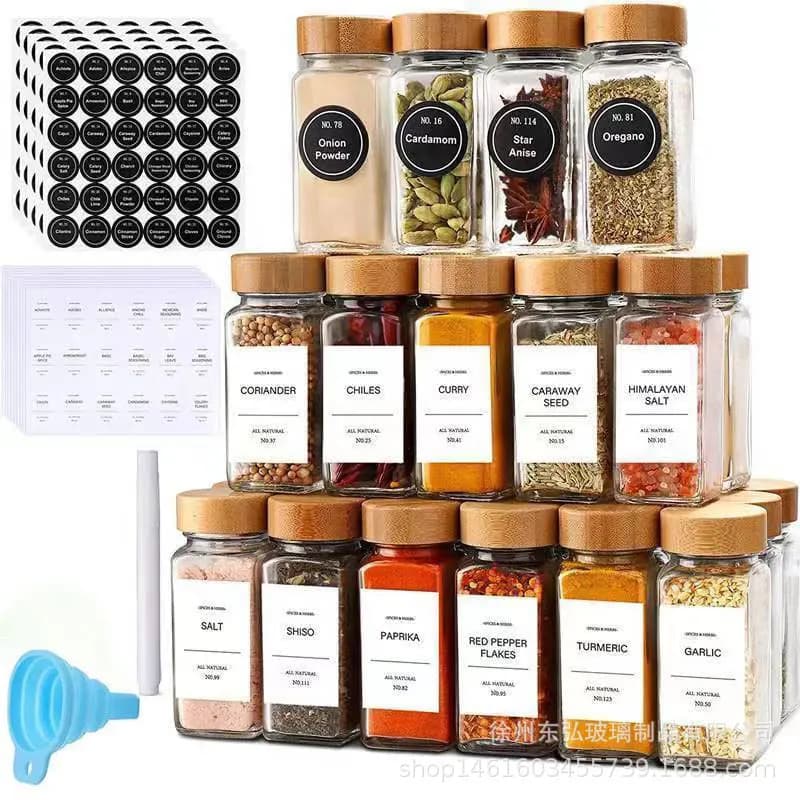 12 sets of 120mL glass square salt pepper set with small spice jars, kitchen tabletop spice storage, bamboo lid, bottling bottle