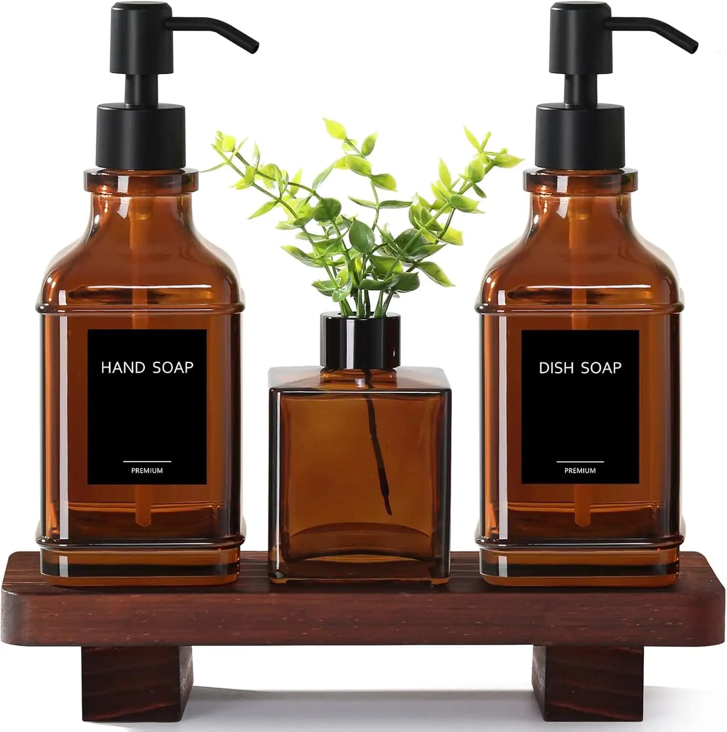 Set Dispenser Sapone in Vetro Ambrato con Vassoio in Legno, Decorazione Rustica per Cucina, Bottiglie Ricaricabili con Pompa per Sapone Mani e Piatti