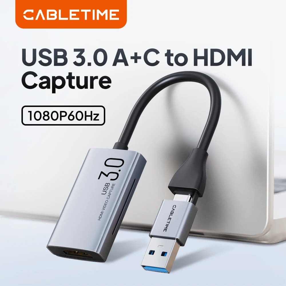 CABLETIME USB 3.0 4K HDMI Video Capture Card to USB-C, Video Grabber Box for PC, Computer, Camera, Live Gaming