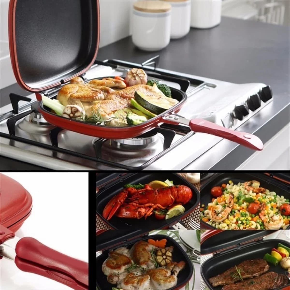 A010 Double-sided square pan, non-stick pan for pancakes, frying pans, camping sandwich for indoors/externals 28 cm