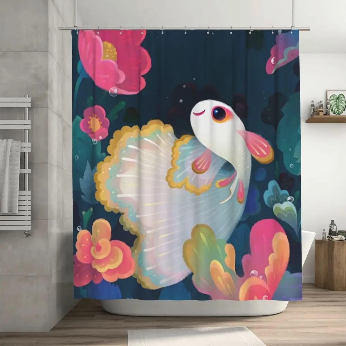 Tenda da doccia Flower Guppy, tende da bagno impermeabili in poliestere con ganci