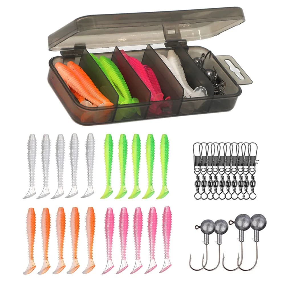 34 pz Esche Da Pesca Morbide Kit Bass Pike Trota Esca Artificiale Silicone Swimbait Jig Teste Gancio Girevoli Attrezzatura Da Pesca Box Set