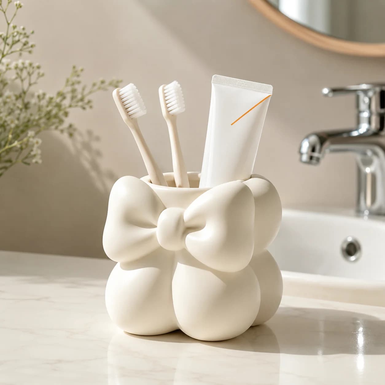 Cute Bow Toothbrush Holder Ceramic Bathroom Cup Makeup Brush Pen Organizer Cream Vanity Storage for Women Desk Decor