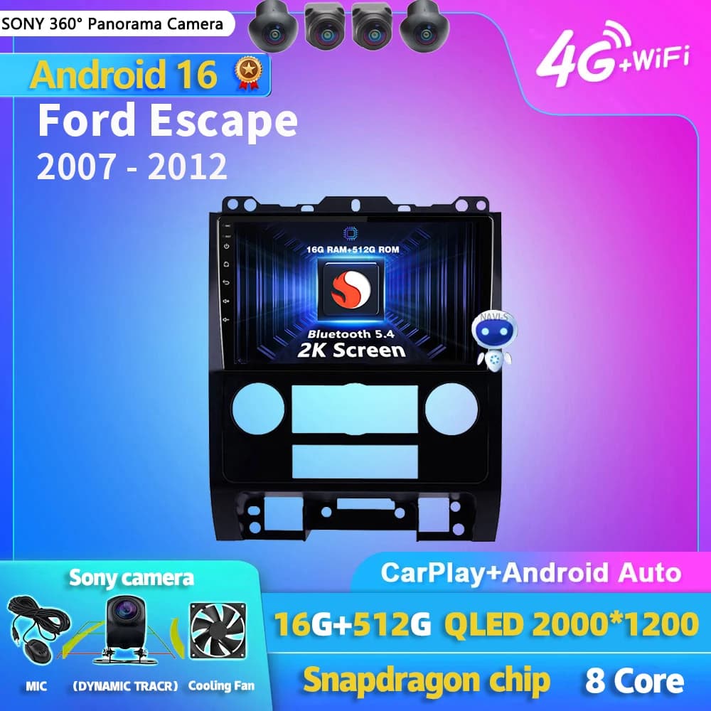 Android 16 Carplay Auto WIFI+4G Car Radio Multimedia Player For Ford Escape 2007-2012 Navigation Autoradio Stereo 2din Head Unit