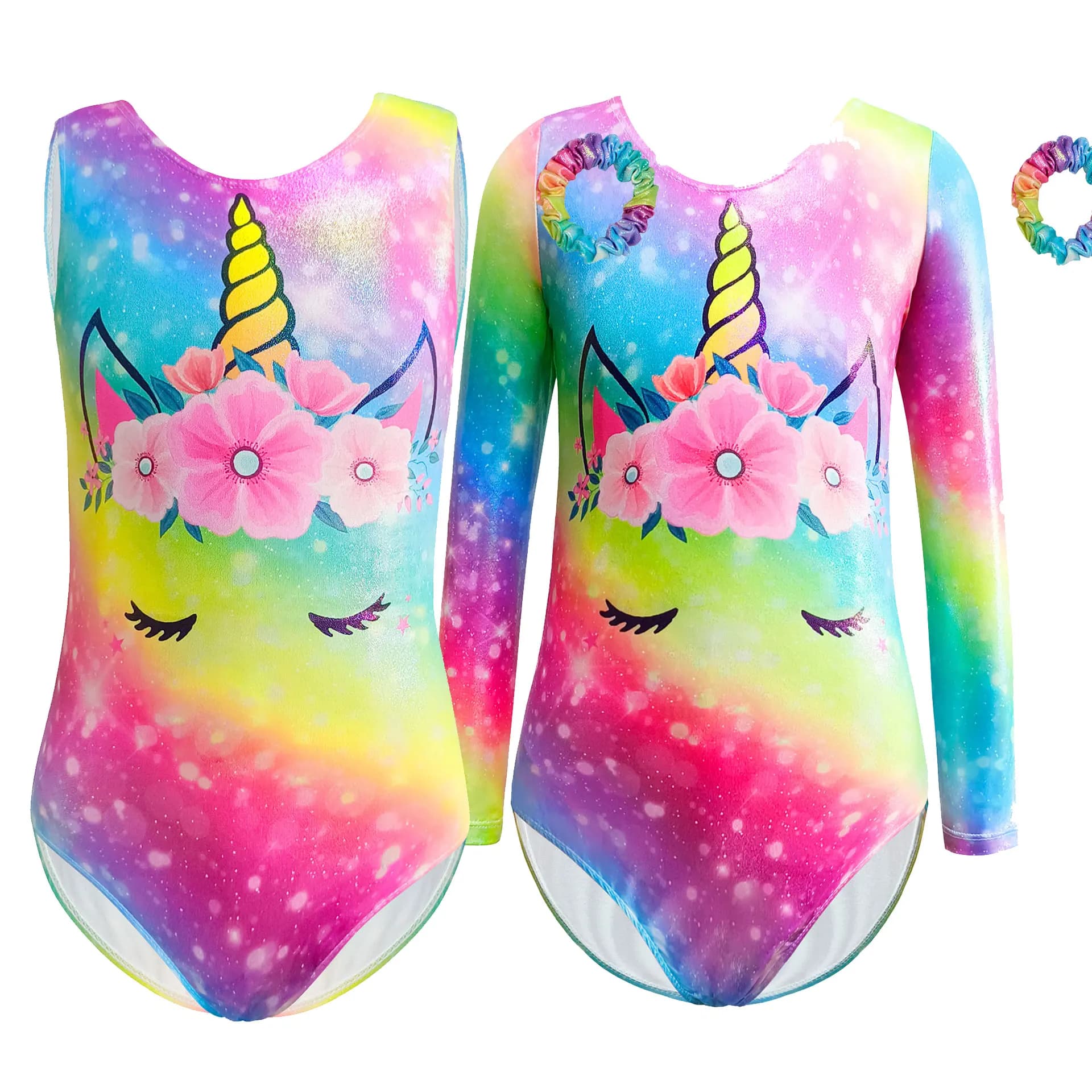 Balletto Ginnastica Body Ragazza Atletica Tumbling Costume da bagno Metallico Danza Biketards + Fascia per capelli Pattinaggio su ghiaccio Allenamento Performance