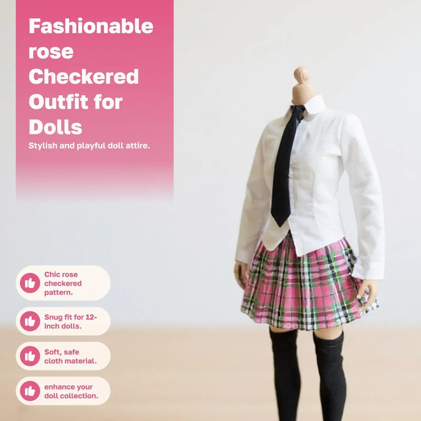 1 6 Scale Figure Clothes Long Sleeve Shirt Plaid Skirt Tie Stockings for 12 Inch Action Doll