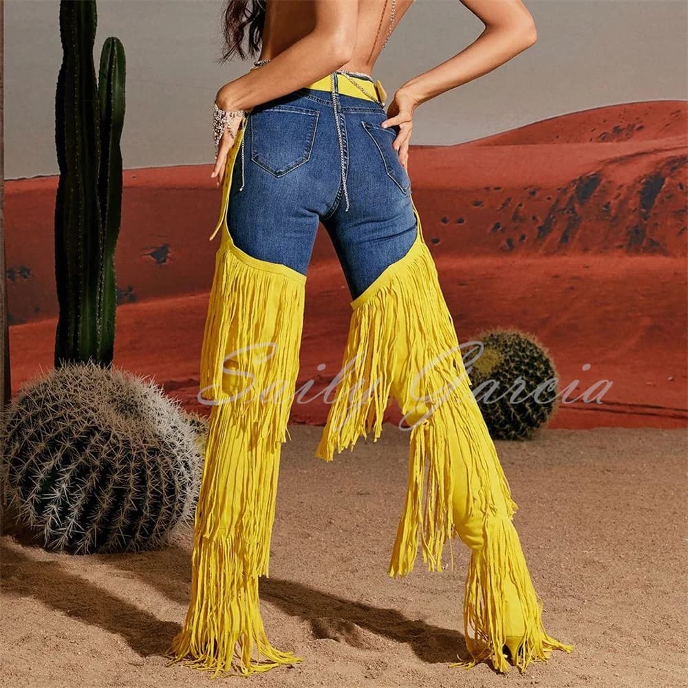 Stivale da donna con tacco alto sopra il ginocchio con frange in denim giallo, punta a punta, tacco a spillo, fibbia, cerniera laterale, scarpe da club per feste