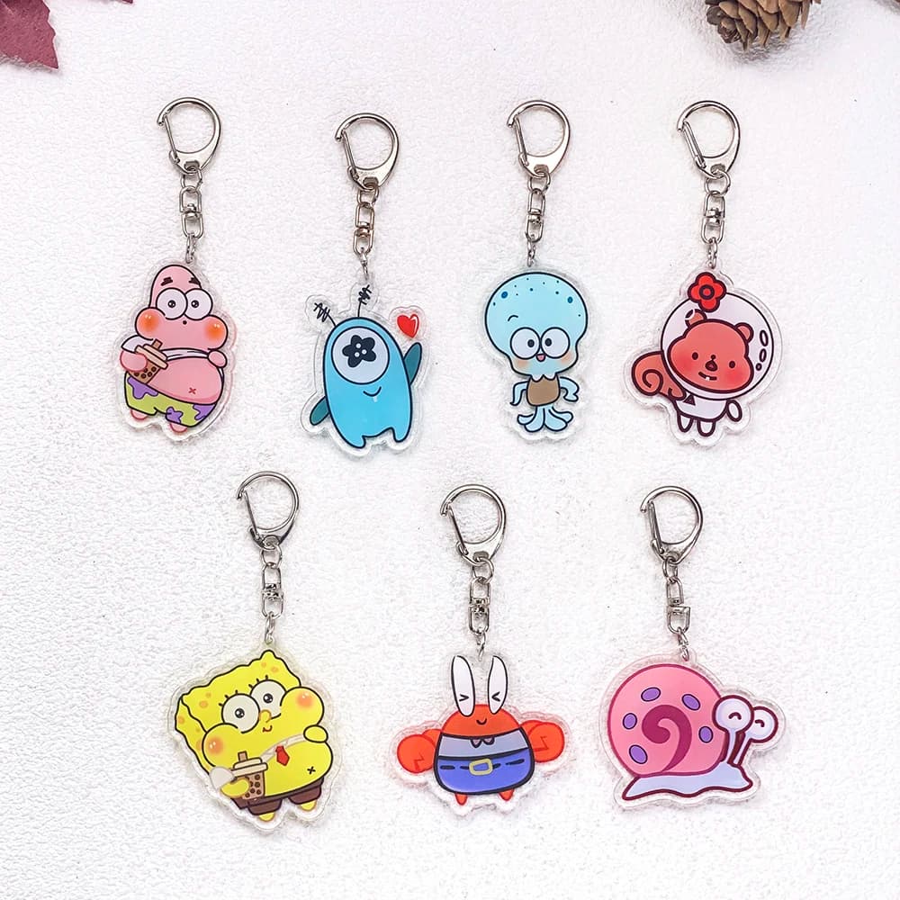 Set di 7 Portachiavi Cartoon SpongeBob SquarePants, Accessori in Acrilico, Ciondoli Carini per Borse, Portachiavi, Decorazioni per Zaini