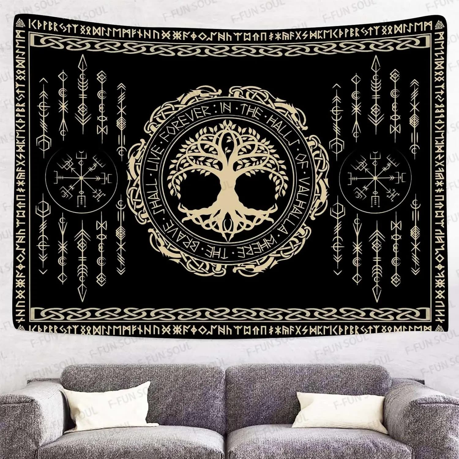 Norse Mythology Tapestry Indie Bohemian Wall Hanging with Tree of Life, Elder Futhark Runes and Dragon Border for Bedroom Decor