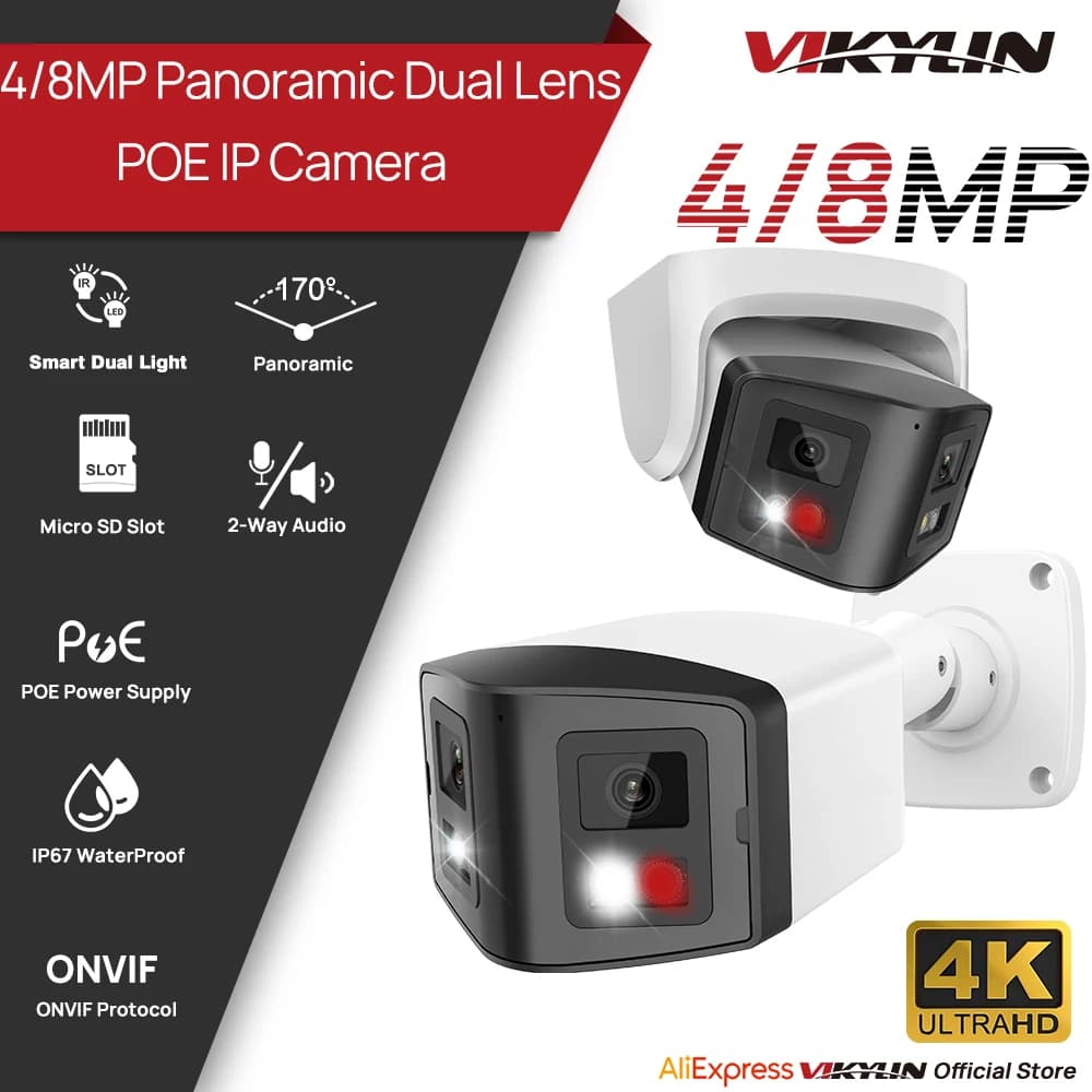 VIKYLIN 170 ° Telecamera IP Panoramica a Doppia Lente 4/8MP, Doppia Illuminazione, CCTV per Esterni, Videosorveglianza Domestica con POE Onvif IP67