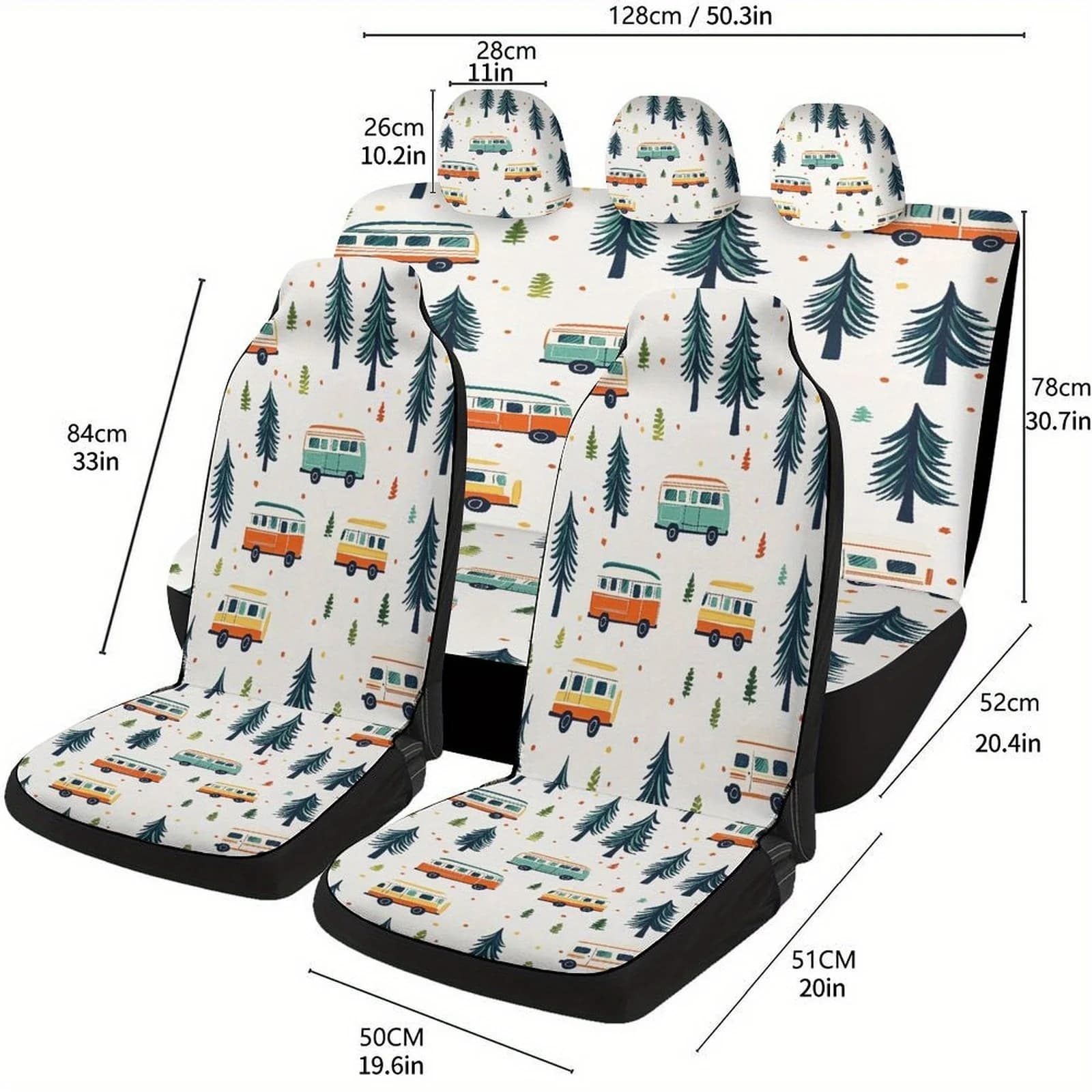 Set of car seat covers designed with Camper Van Forest pattern for most cars, complete set of fashionable car seat covers, Univers