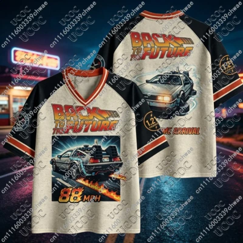 Men Women Back To The Future Movie Themed Mesh Jersey Y2K Oversized Breathable Retro DeLorean Graphic Pop‑Culture Casual Tee