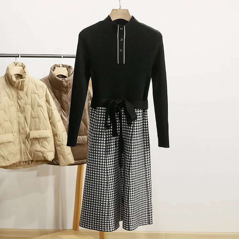 Abito Invernale in Maglia a Quadri con Vita Stretta in Fibra di Viscosa, Nuovo Stile Moda Donna, Manica Lunga a Mezza Lunghezza, Collo Rotondo, Altri Stili