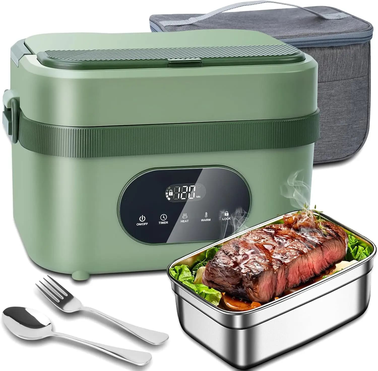 18000mAh Battery Powered Cordless Heated Lunch Box - 5-Sided Self-Heating, Smart Timer, 6.3 Cups, Leak-Proof, Portable for Work, Travel, Commuters