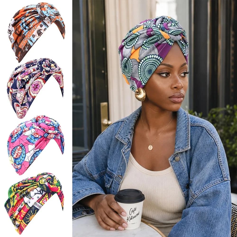 New African Print Hijab Caps Knotted Style Pleated Islamic Headband Breathable Soft Comfortable Floral Head Wrap All Match Decor