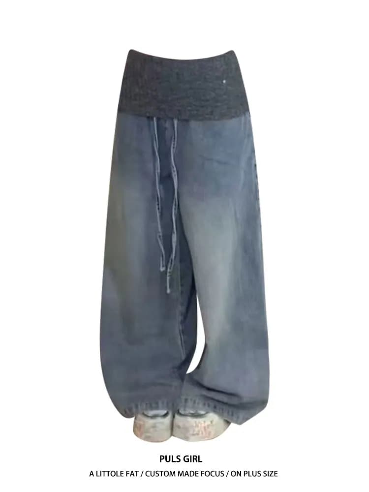 Large Size American Retro Washed Waistband Patchwork Jeans Women's Loose Wide Leg Floor-Length Pants High Waist Casual