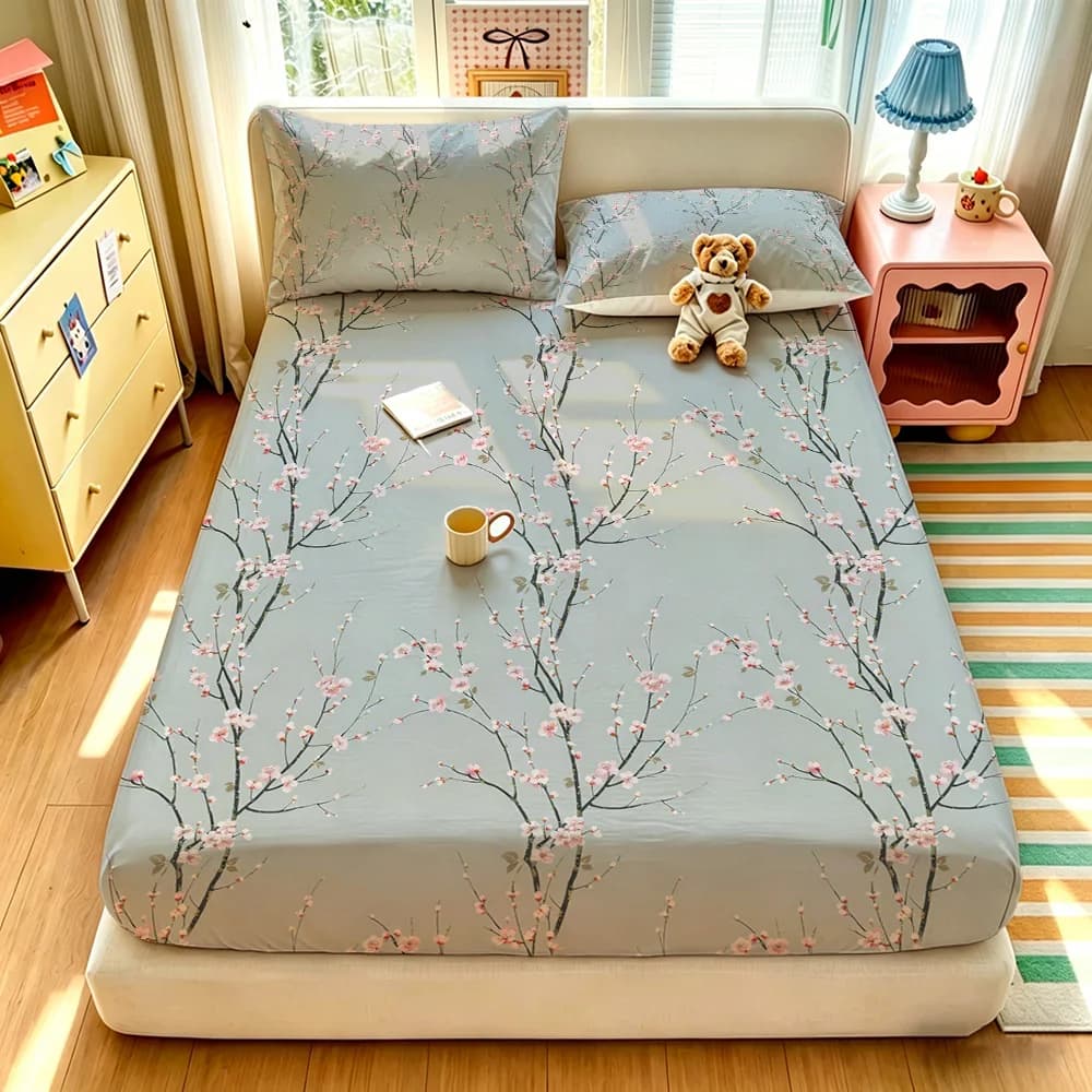 3pcs Plum Blossom Flower Printed Bed Sheet Set Coreless 1 Bed Sheet 2 Pillowcases Soft and Comfortable Bedroom Bedding Decoratio