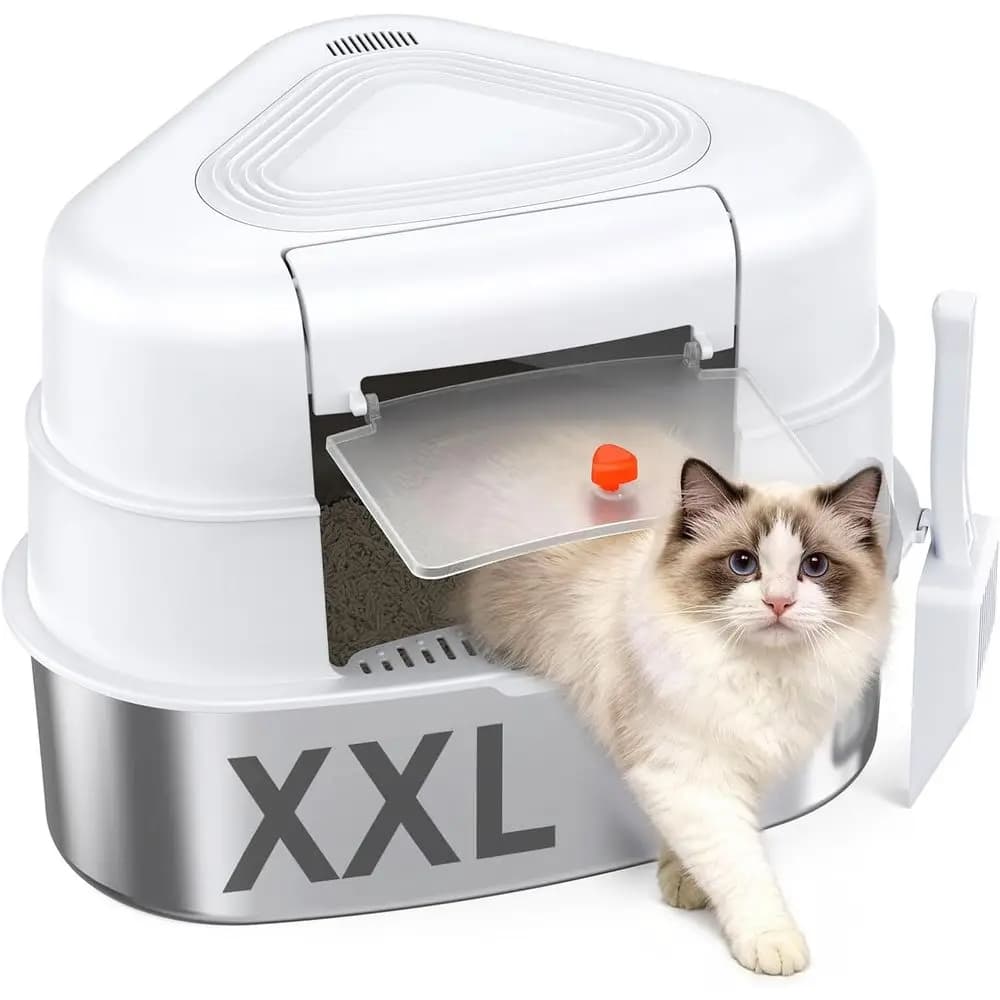 Lettiera per Gatti XXL Stainlrner con Coperchio - Robusta, Inodore e Design Salvaspazio per Gatti Grandi, Bianca