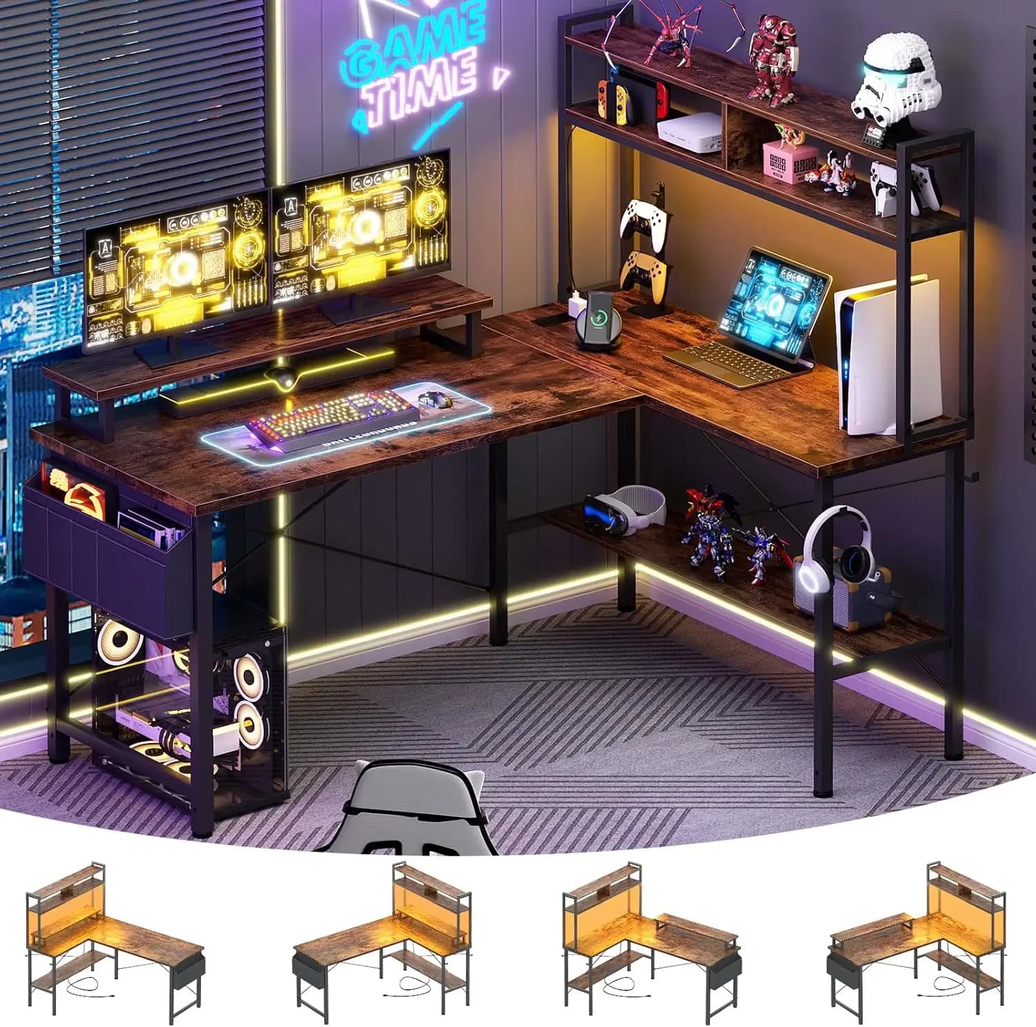 L-shaped gaming desk with power sockets and LED lights, small L-shaped computer corner desk with monitor support and storage shelf